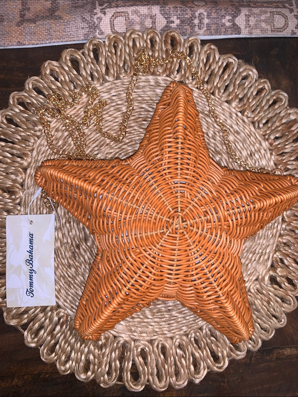 Tommy Bahama Wicker Starfish orange Crossbody purse with gold chain